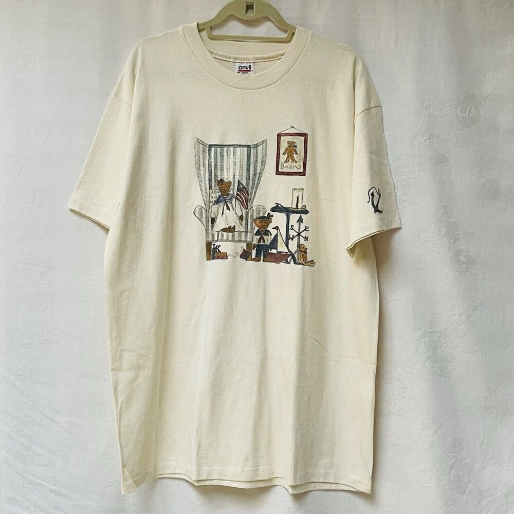 Vintage Anvil Tee Women XL Single Stitch T-Shirt Made in USA Cream Nautical
